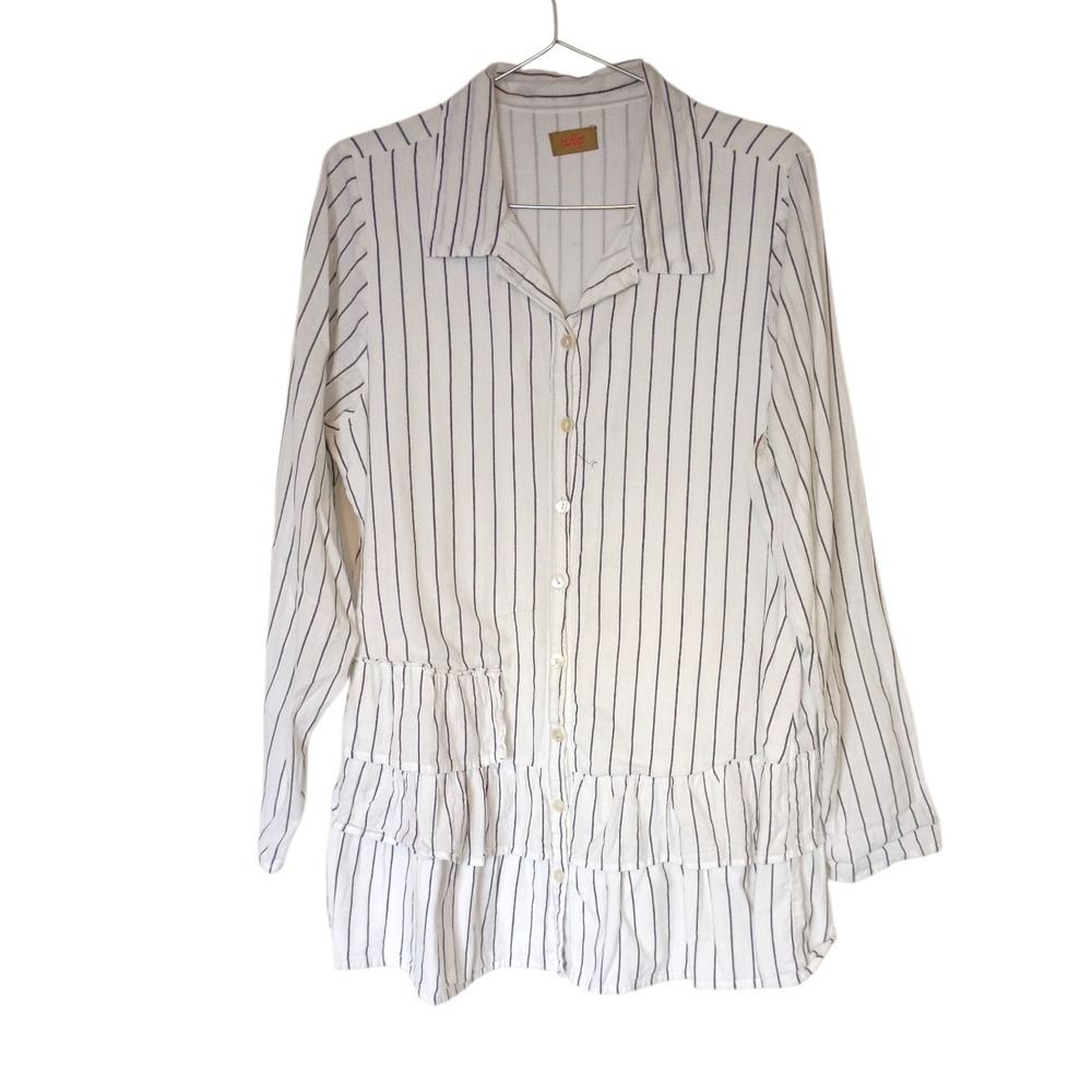 Tulip‎ Womens Linen Blend Striped Shirt Dress Ruffle Hem Boho Size M